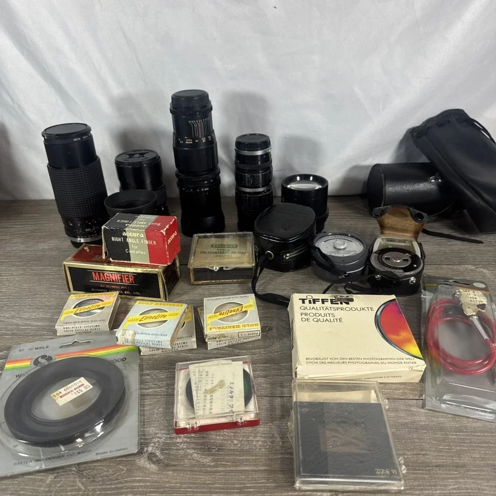 Camera Lens Lot and Accessories Untested As Is Zuiko, Vivitar, Olympus, & More